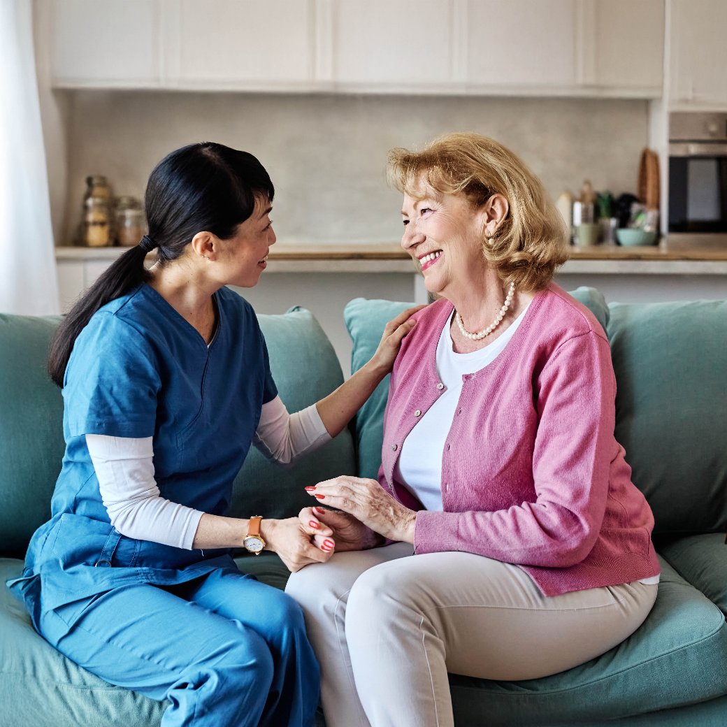 Home health nurse comforting a smiling senior patient at home